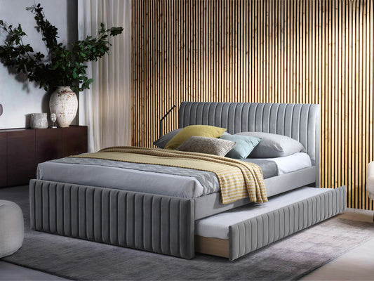 Velvet Queen with Single Trundle Bed Frame - Grey