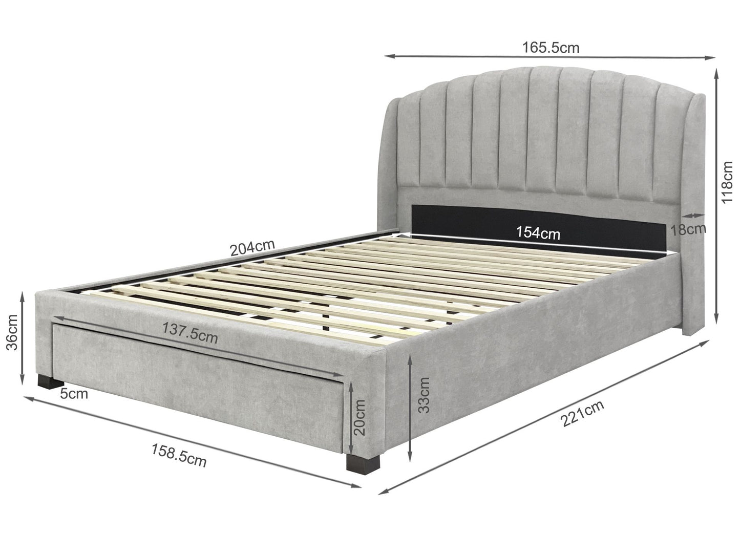 Bary Queen Bed Frame With Storage - Light Grey