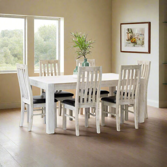 White Wash Solid Pine Wood 7 Pcs Dining Suite