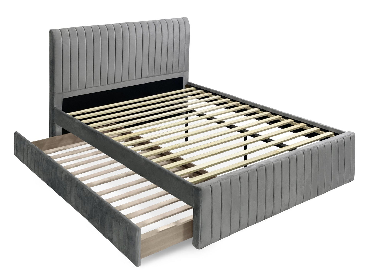 Velvet Queen with Single Trundle Bed Frame - Grey