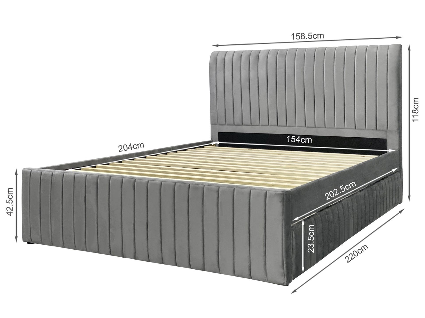 Velvet Queen with Single Trundle Bed Frame - Grey