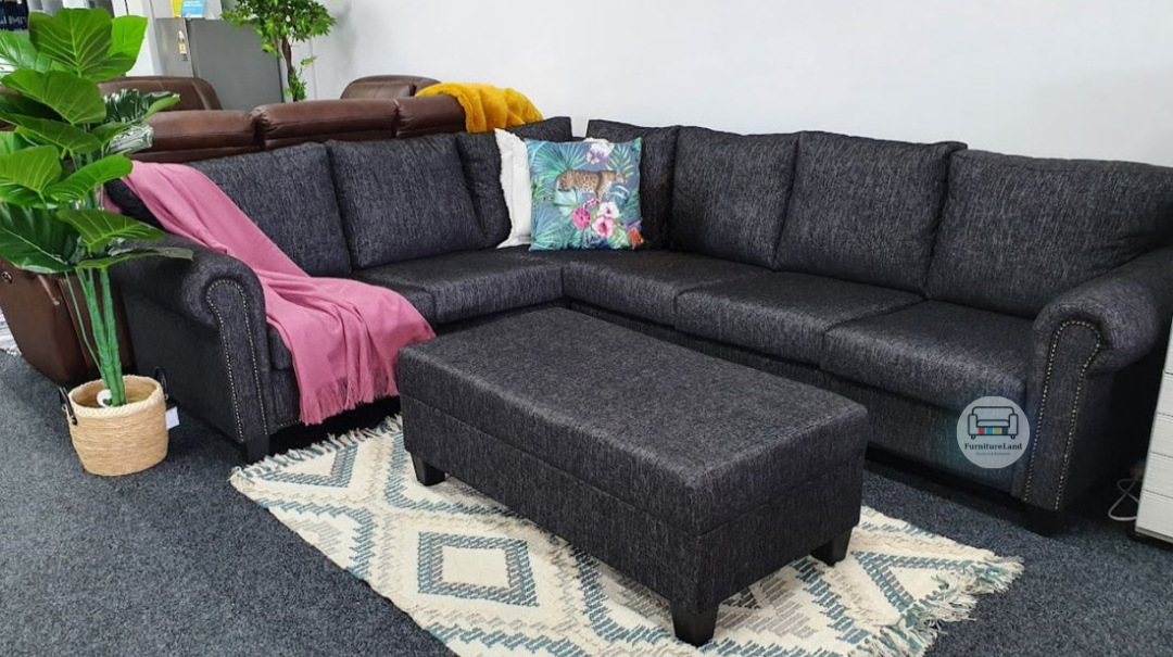 Zak Fabric Corner Sofa with Storage Ottoman | Jake Charcoal | NZ Made