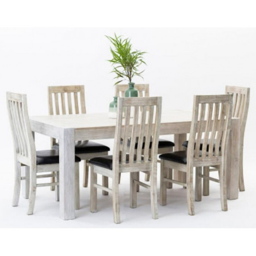 White Wash Solid Pine Wood 7 Pcs Dining Suite